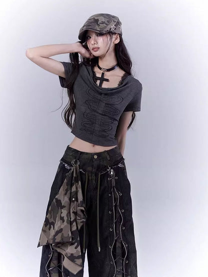 Dark Gray Cowl Neckline Cross Cutout Detail T-Shirt