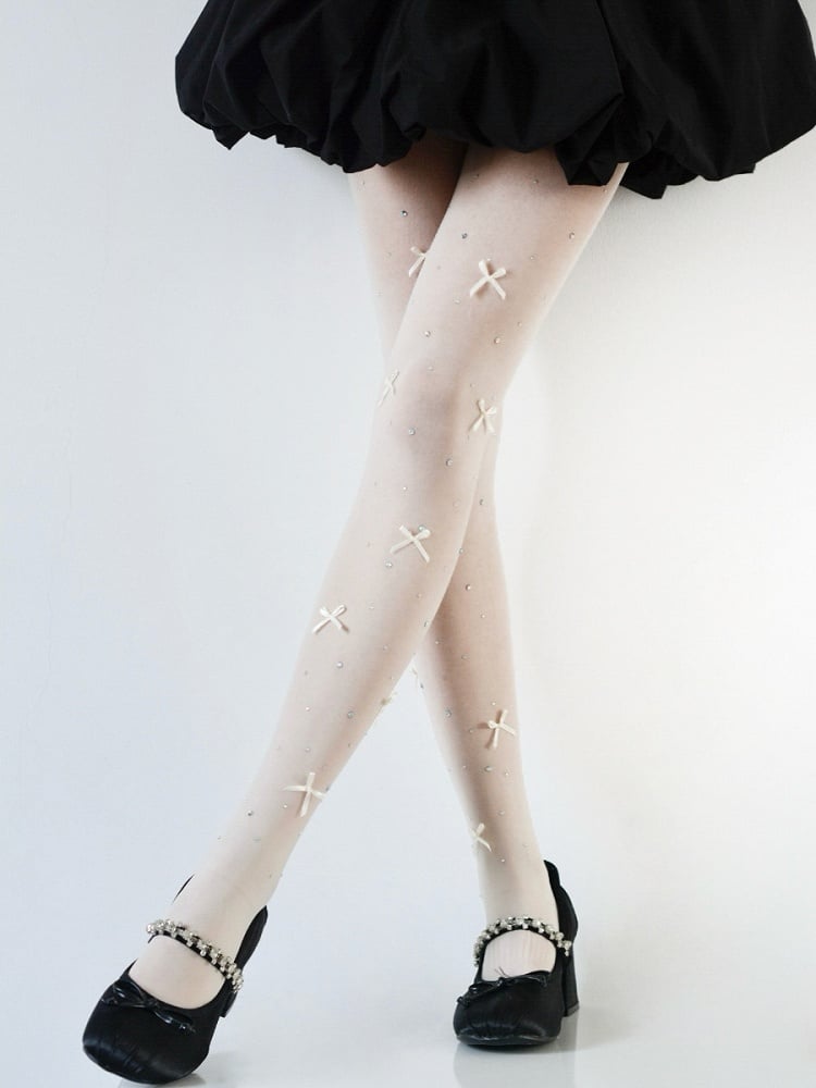 White Nude/White Decoration Tights Rhinestone and Sheer Bowknot with