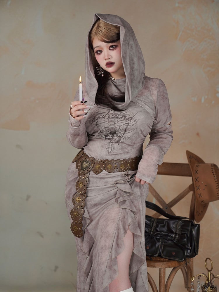 Graues Ödland-Punk-Kleid mit Schmetterlingsskelett in Übergröße