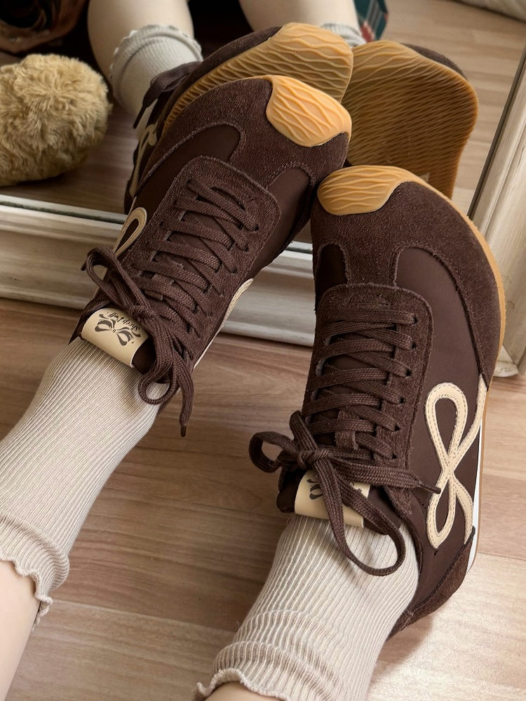 Design Bowknot Ties Front Lace-up Brown Sneakers