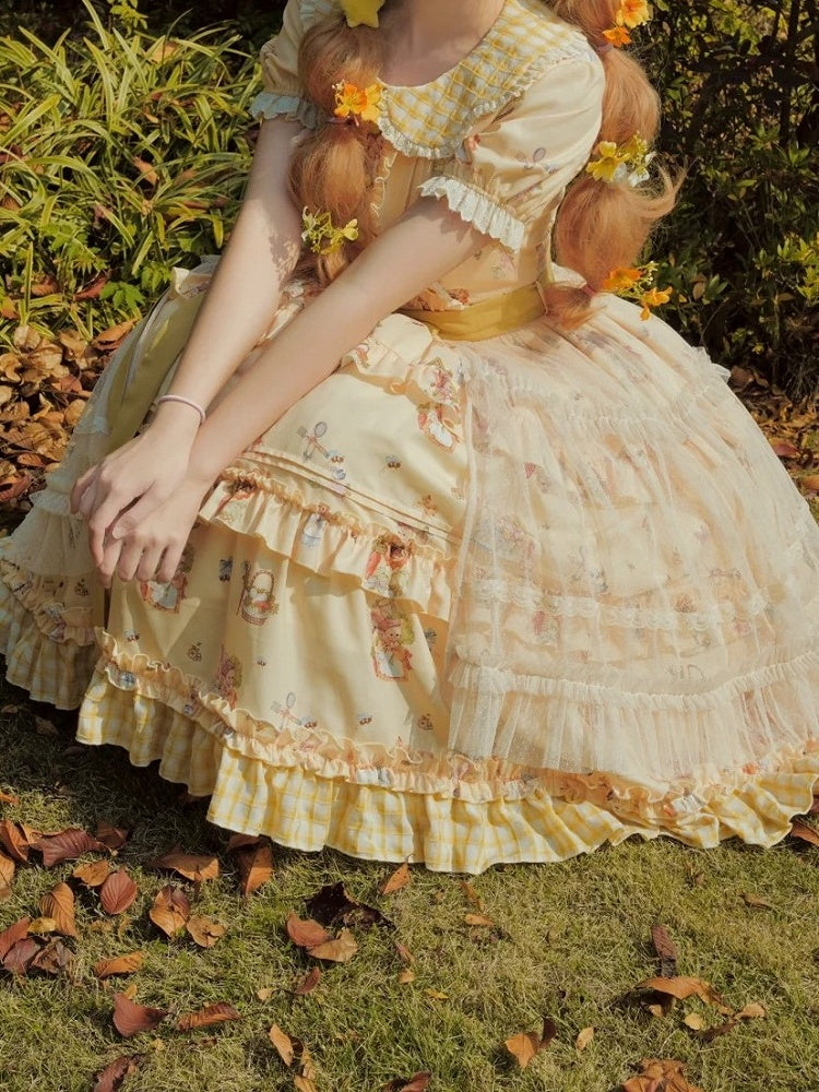 Sweet Bunny Yellow with and Sunflower Puff Lolita Overlay Dress Plaid Hem Sleeves Print