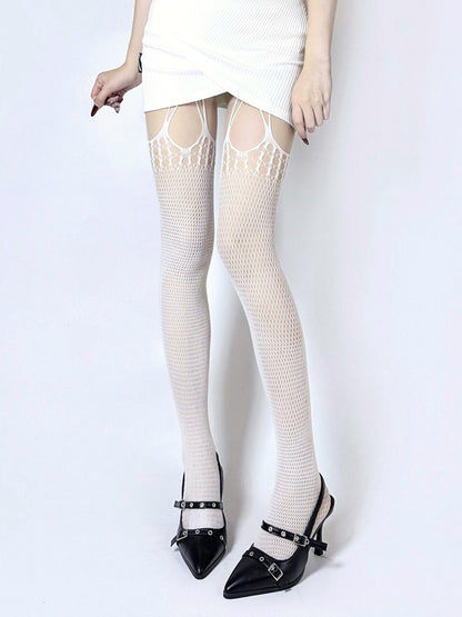 ブラック/ホワイト カットアウト サスペンダー フィッシュネット タイツ