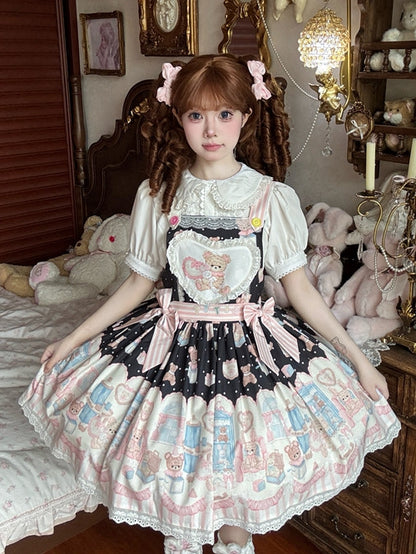 Hase Plüschtier Süßer Teddy Lolita und Kleid Schwarzer Print Overall