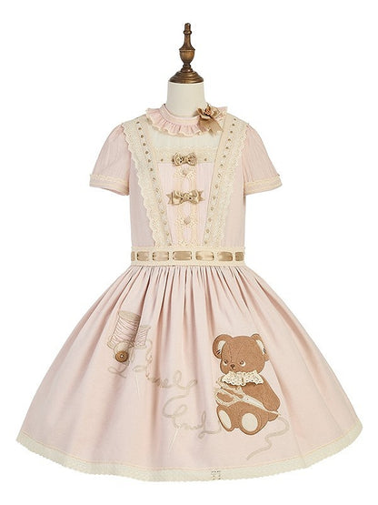 Sweet Waist Dropped Dress Embroidery Lolita Teddy Pink Bear with