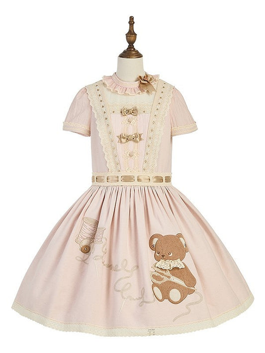 Sweet Waist Dropped Dress Embroidery Lolita Teddy Pink Bear with