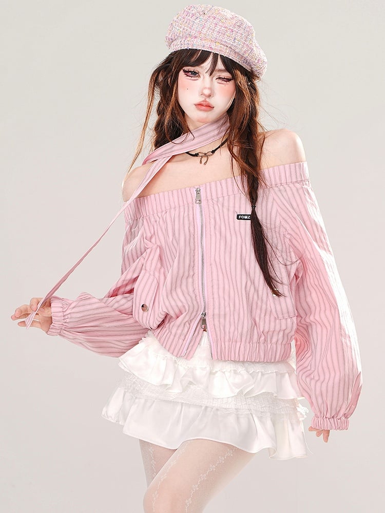 Pink/Blue Off-the-shoulder Neckline Striped Zip Closure Top with Free Scarf