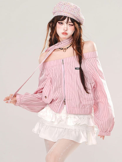 Pink/Blue Off-the-shoulder Neckline Striped Zip Closure Top with Free Scarf