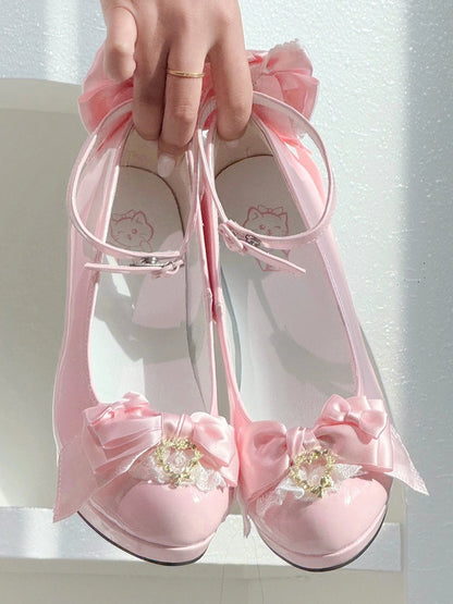 PU Closure Janes Heeled Top Elegant Heart Mary Lolita Bow Pink Lace - Trim Snap with