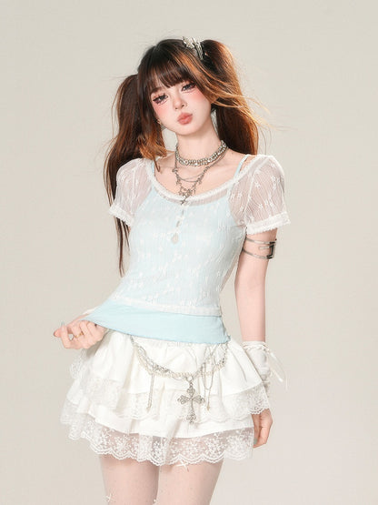 Mint Blue Slim-fitting Set Cami Top Cropped T-shirt Glamorous with Lace