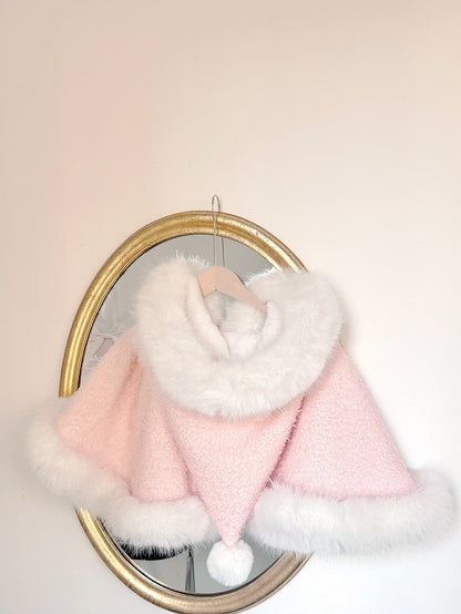 Pink Bow Decorated Plush Trim Boned Dress with Cape Set - POSHEPOSE