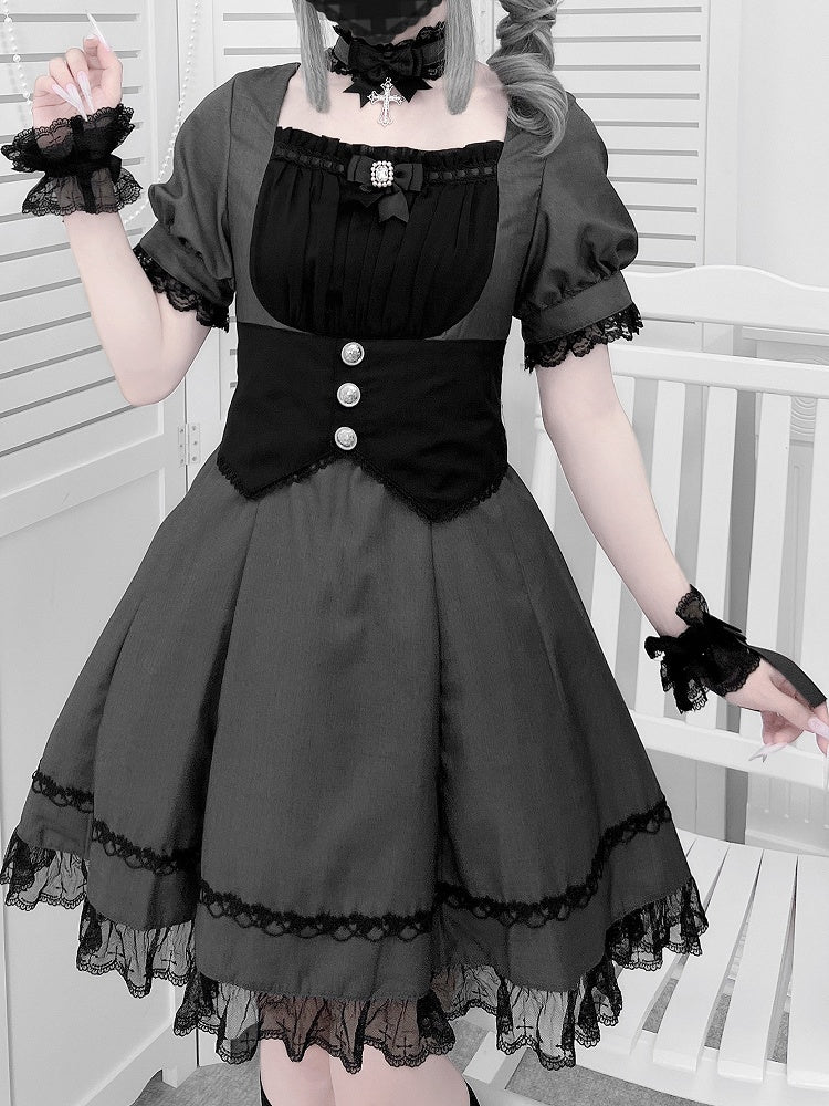 Korsett-Gürtel-Design-Puff-Set – Besatzärmel Kei und Kleid Grau Vollschwarze Spitze Jirai