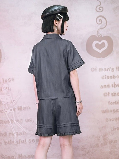 Gray Double-Breasted Short Sleeve Top with Embroidery & Ruffles - Quirky Hut