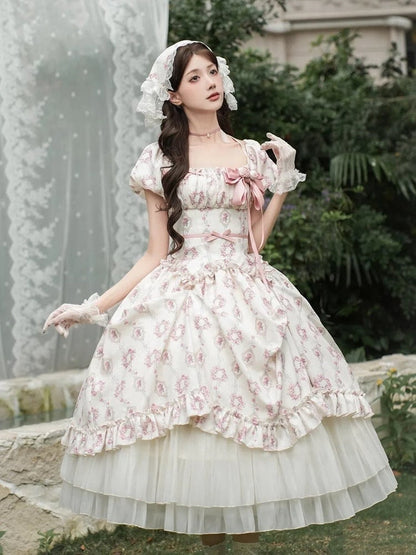 Elastisches langes klassisches Lolita-Kleid mit quadratischem Ausschnitt und Blumenmuster