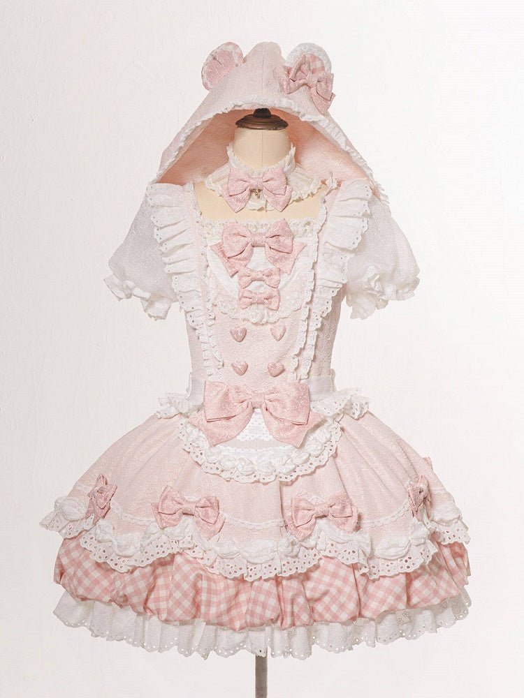 Sweet Pink Short Sleeve Plaid Bow Lolita OP with Pastry Chef Theme - Asleep Townlet