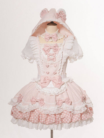 Sweet Pink Short Sleeve Plaid Bow Lolita OP with Pastry Chef Theme - Asleep Townlet