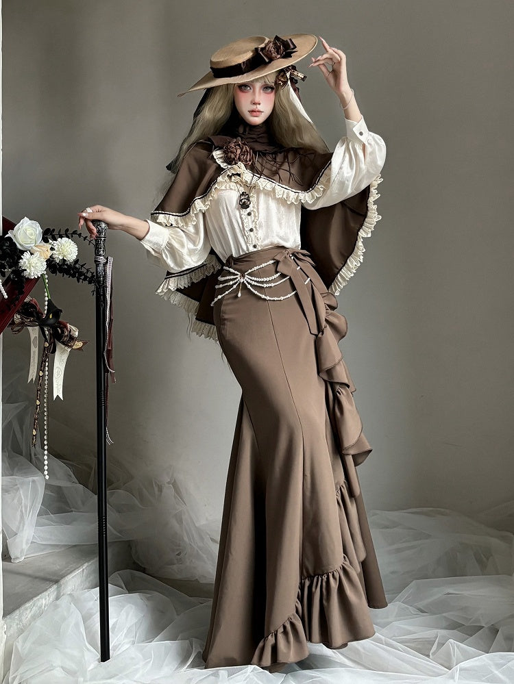 Brown Elegant Mermaid Skirt with Cascading Ruffles - MUYU