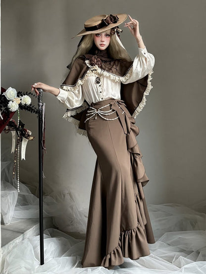 Brown Satin Flower Decorated Wide Brim Hat - MUYU