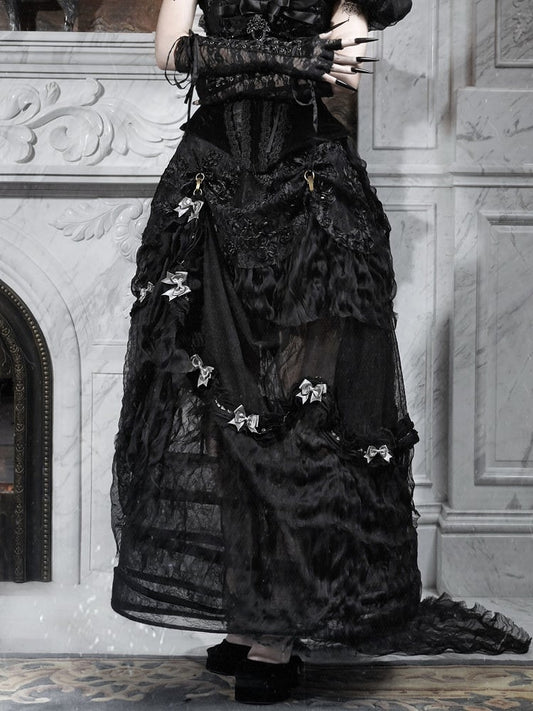 Patched Skirt Vintage Versatile Bustle Long Lace Black Goth