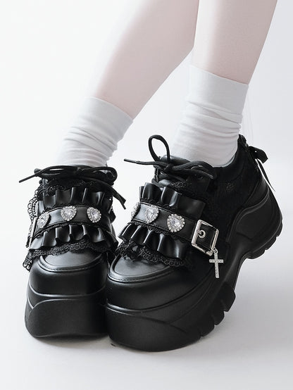 Rhinestone at Heart Ruffles Back Kei Closure Platforms Black Decor Trim Crystal Jirai - with Lace-up