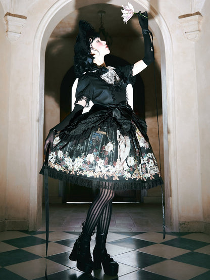 Lily and Puppet Doll Print Black Dark Gothic Lolita Short Sleeves Dress