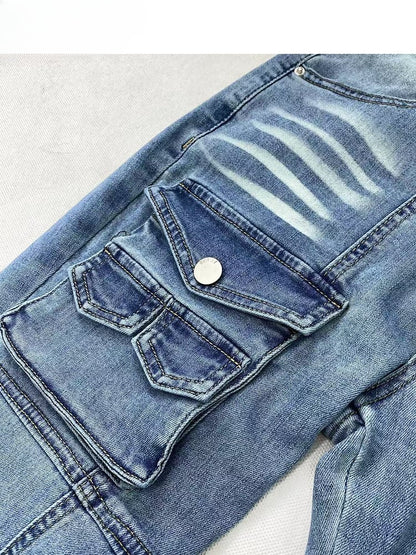 Y2K Vintage Hellblaue Low Waist Flared Denim Glamouröse Jeans mit Cargotaschen