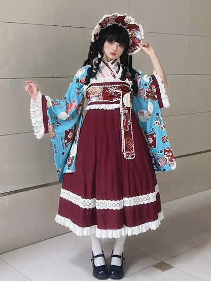 Wa Print + Bear Top Crossover Lace Dress Design Lolita Set Blue JSK Trimmed Red