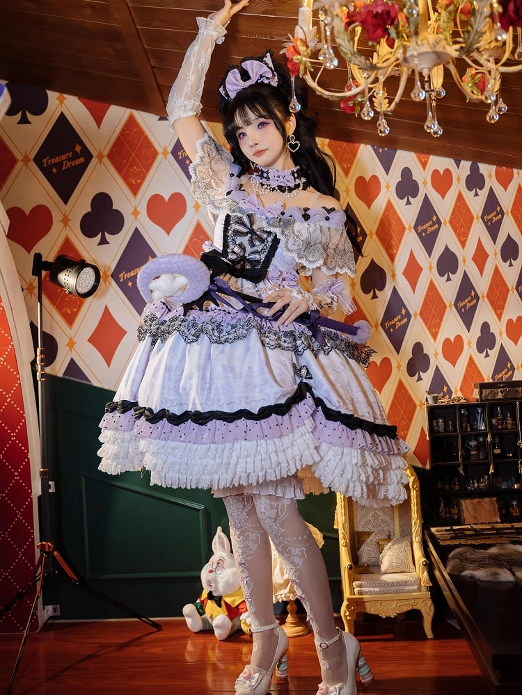 KC Wrist Cuffs Lolita Full Shoulder Choker Veil Set + Dress Mini Off Hime Purple Hat