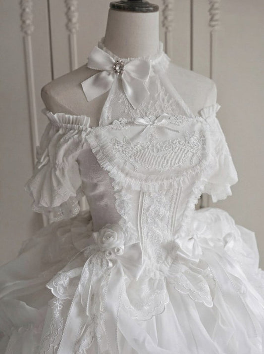 White Top Sleeves Lace Lolita Neckline Puff Details Boned Corset Illusion and Classic with Elegant Embroidery