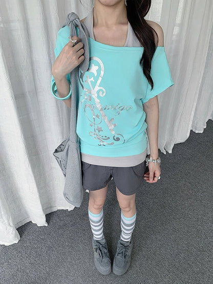 Mint Two-Piece Off-Shoulder Tee with Key Graphic - Solkatt