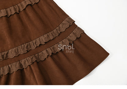 Brown Lace Trim Ankle Length Skirt