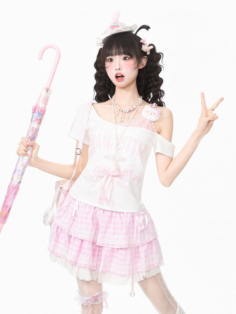 Kawaii Pink Letter Print Off-Shoulder Tee with Kitty & Bow, Faux Two-Piece Cool Style - Languid Park