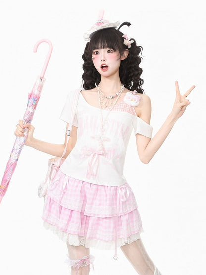 Kawaii Pink Letter Print Off-Shoulder Tee with Kitty & Bow, Faux Two-Piece Cool Style - Languid Park