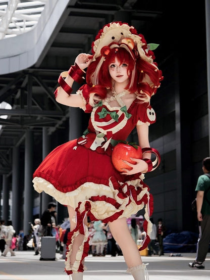 Red Ruffled Sweet Lolita Fluffy OP Dress Full Set