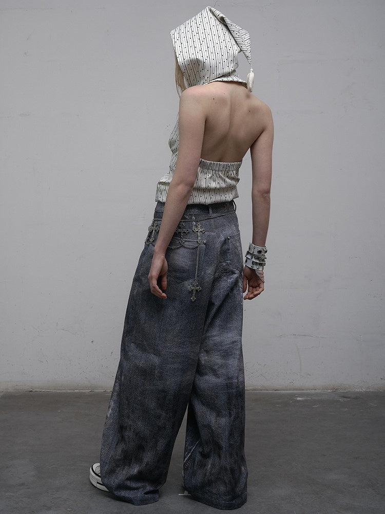 Print Spitzenjeans Schnitt Weites Bein Blau Kette Punk Wasteland Details