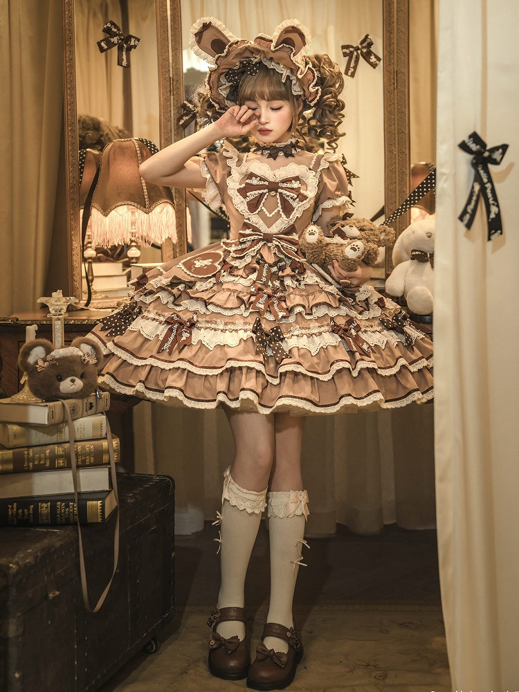 Eine Schleife Rüschen Lolita Sweet Bunny Thema Kleid braun Akzente Stück Prinzessin