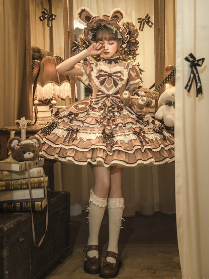 Eine Schleife Rüschen Lolita Sweet Bunny Thema Kleid braun Akzente Stück Prinzessin