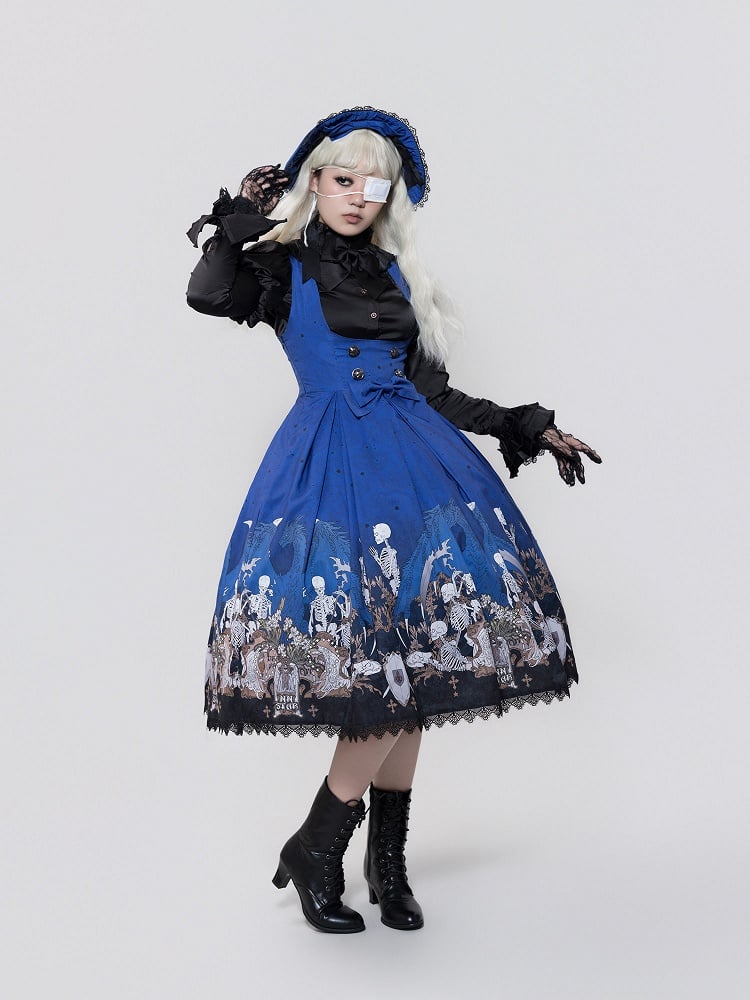Blue Skeleton Cross Print Under Bust Gothic Lolita Dress with Black Lace Trim - NnSTAR