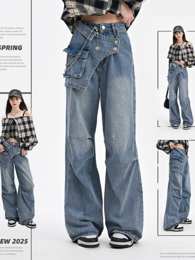 Wide-Leg Jeans Taillendesign Blau Asymmetrisch