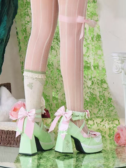 Bows with Striped Janes Lolita Heel Green Crisscross 8cm High Mary Light Block Design