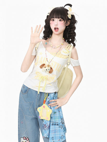 Yellow Off-Shoulder Tee with Bow and Kitty Motif - Languid Park