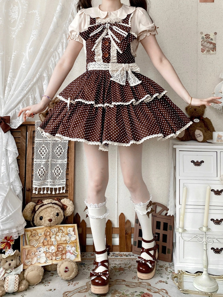 School Lolita Chocolate Polka-dot Pattern Dress Brown Overall Old