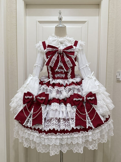 Lolita Red Decoration Hanayome Dress Bows Tiered Skirt Big