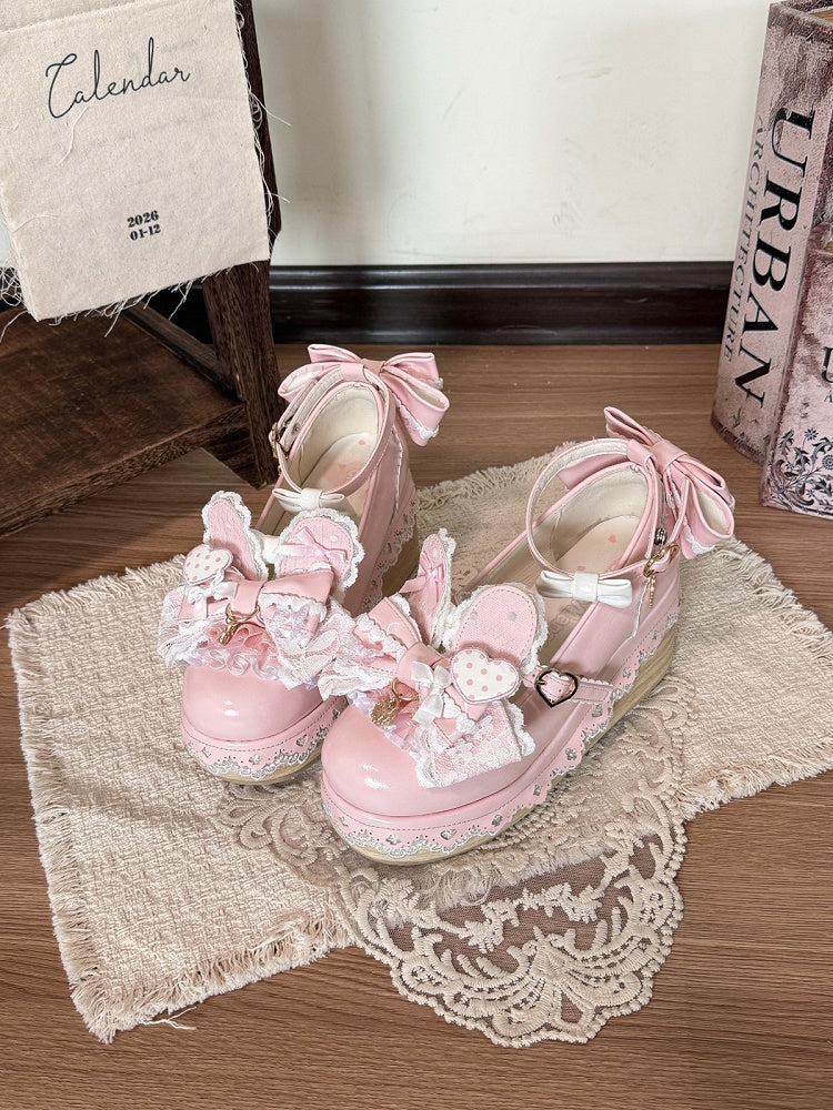 Pink Bowknot Heart Lace Trim Lolita Shoes with Rabbit Detail - Cheese Mango