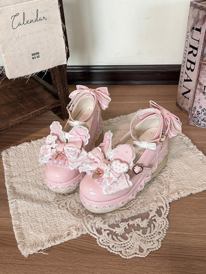 Pink Bowknot Heart Lace Trim Lolita Shoes with Rabbit Detail - Cheese Mango