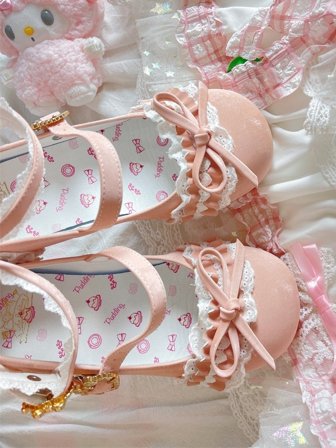 Lolita Janes Ornate Pink Low-heel Top Mary Heart Sweet Buckle with Knot Bow
