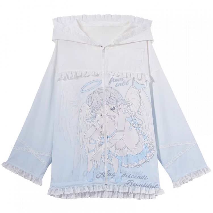 日焼け防止フード付き青と白のアニメガールプリントフリル裾ジャケットレース