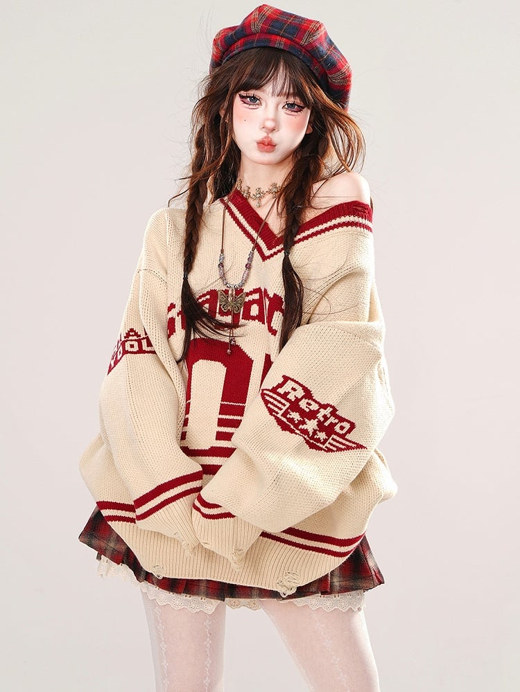 Apricot Numbers Preppy Style V-neck Loose Sweater