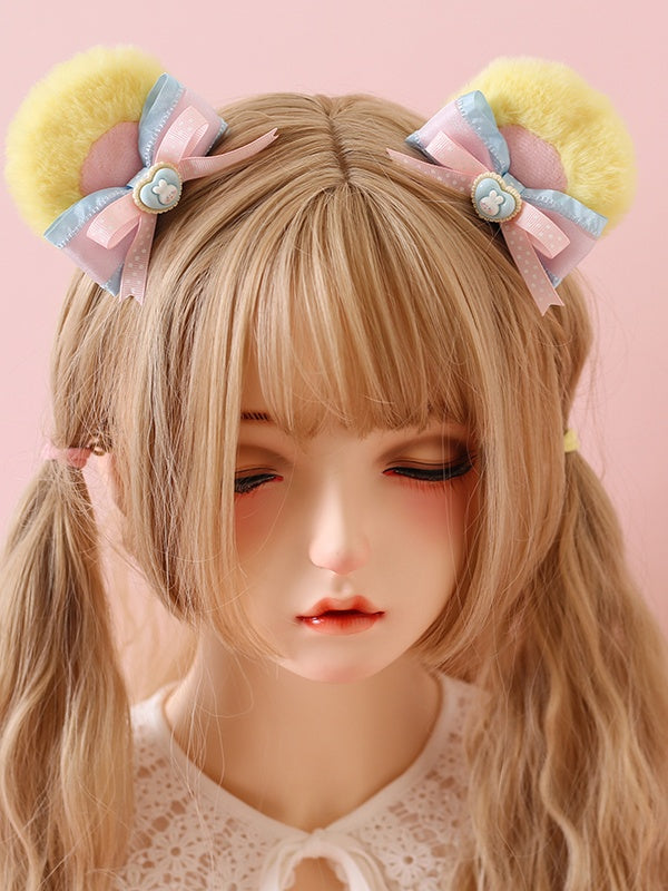 Hairclips Pair Pink Lolita Of Bear Bowknot Yellow Ear A Sweet Cute /