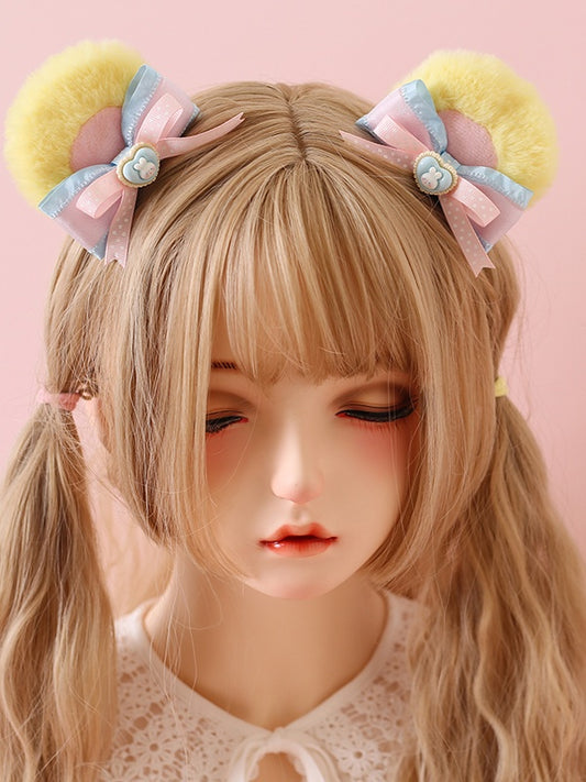 Hairclips Pair Pink Lolita Of Bear Bowknot Yellow Ear A Sweet Cute /