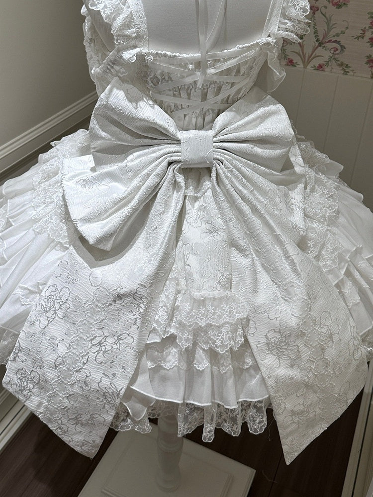 White Blue Pink Lolita Jacquard Back Bow - White Sugar Girl